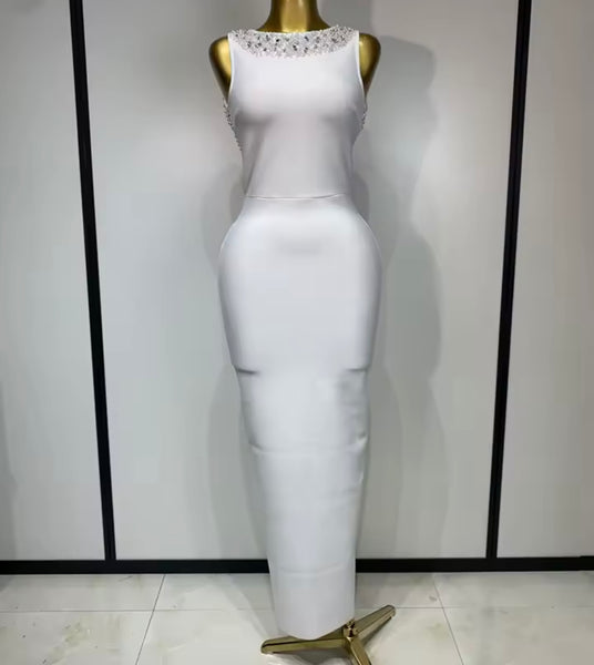 Women Sexy Rhinestones Pearl Open Back Maxi Dress