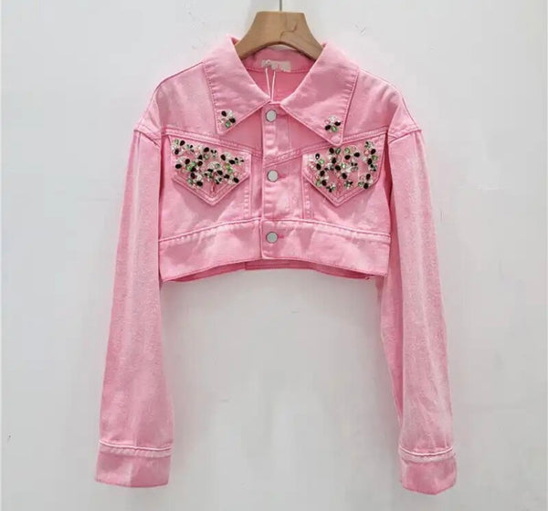 Women Fashion Color Bling Denim Crop Jacket