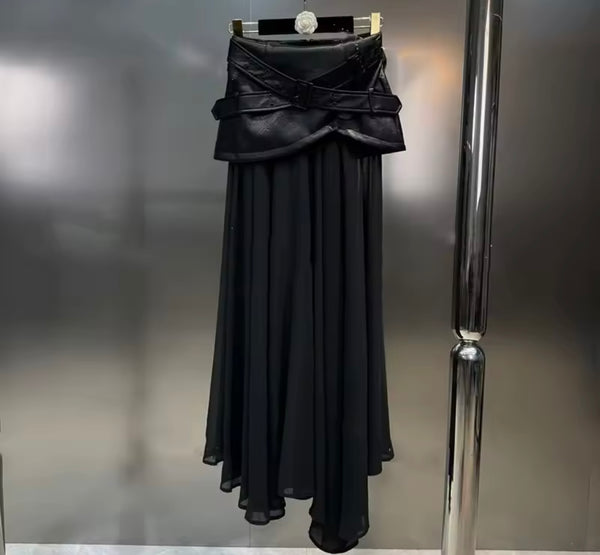 Women Black Zip Up Faux Leather Patchwork Two Piece Maxi Skirt Set