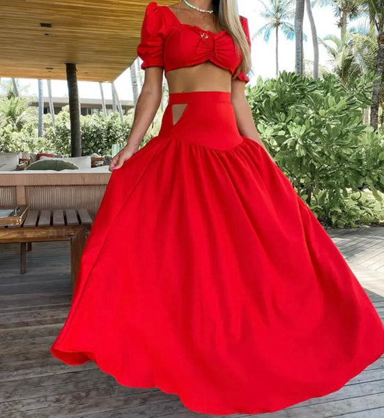 Women Sexy Red Short Sleeve Crop Two Piece Maxi Skirt Set