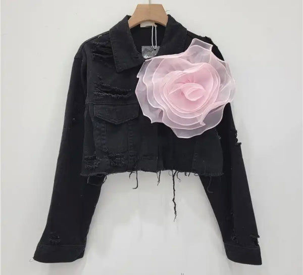 Women Fashion Ripped Floral Denim Jacket