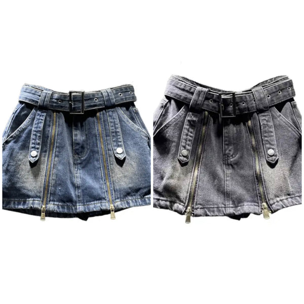 Women Fashion Buckled Zipper Denim Skirt