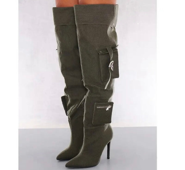 Women Fashion Zipper Buckled Pocket Over The Knee Boots