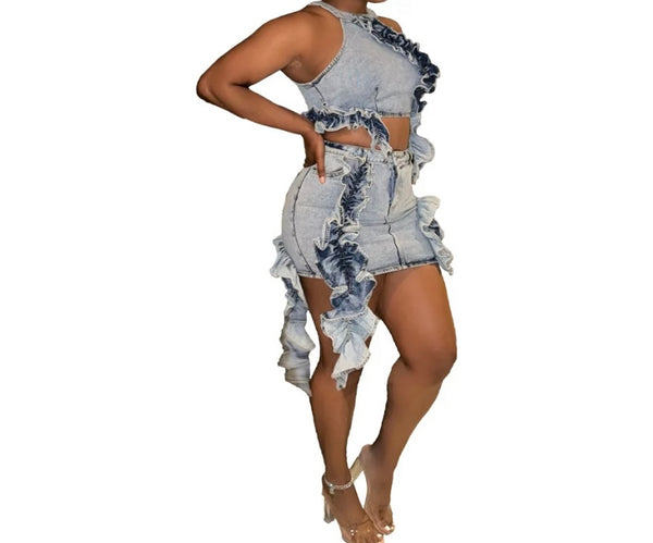 Women Sexy Sleeveless Ruffled Denim Two Piece Skirt Set