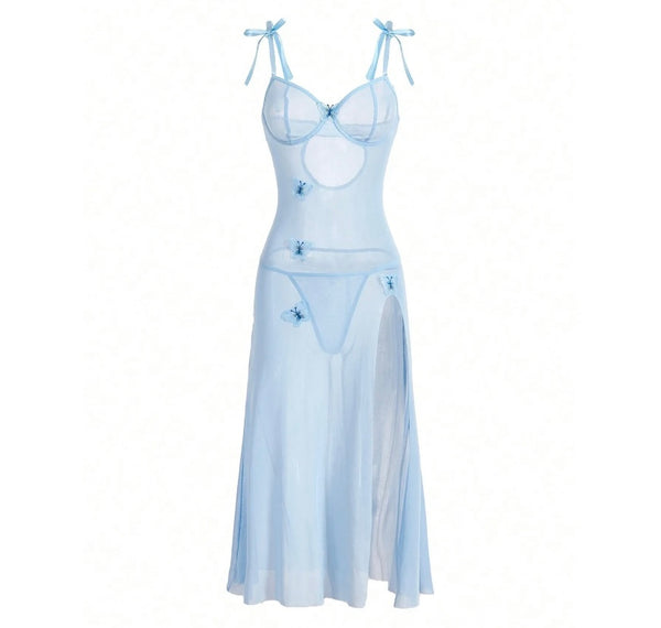 Women Sexy Color Butterfly Mesh Side Split Nightgown Lingerie