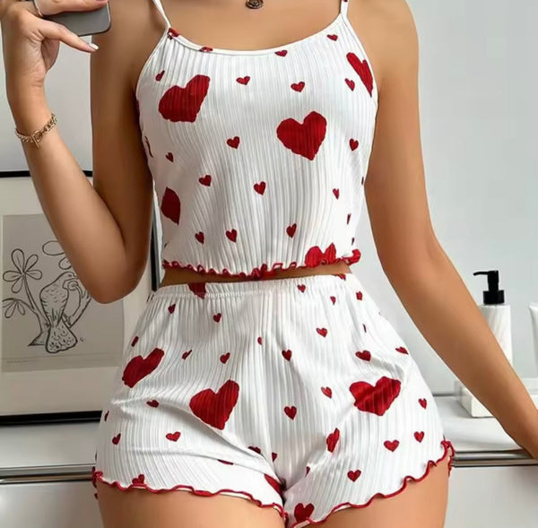 Women Sleeveless White Heart Print Lingerie Short Set