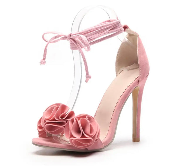 Women Suede Floral Lace Up High Heel Sandals