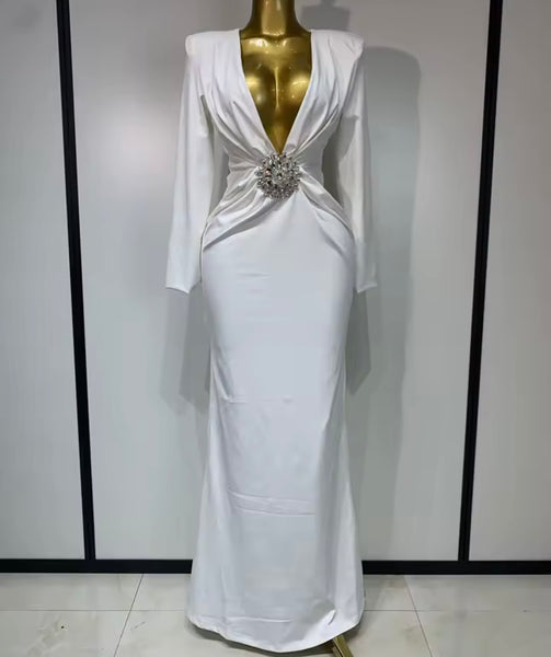 Women Sexy V-Neck Full Sleeve Ruched Rhinestone Maxi Dress