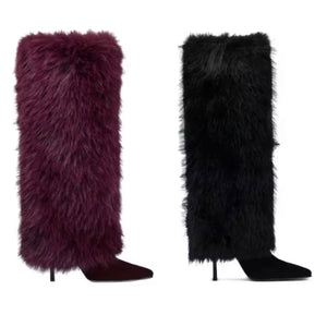 Women Fashion Color Suede Faux Fur Knee High Boots