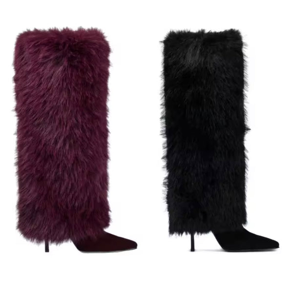 Women Fashion Color Suede Faux Fur Knee High Boots