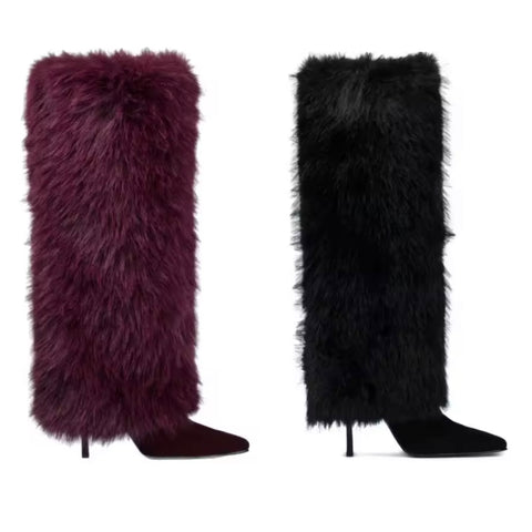 Women Fashion Color Suede Faux Fur Knee High Boots