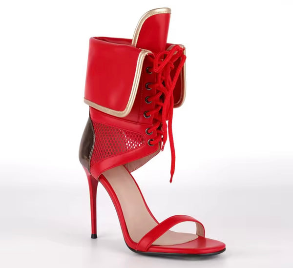 Women Fashion Open Toe Color Patchwork Tie Up High Heel Ankle Boots