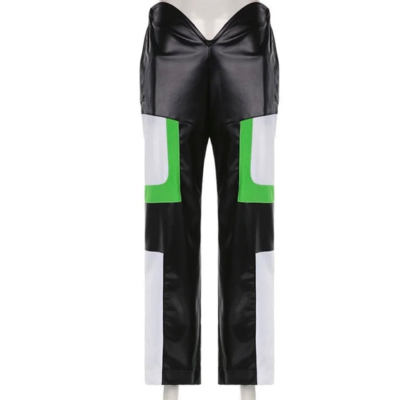 Women Fashion Color Patchwork Faux Leather Pants