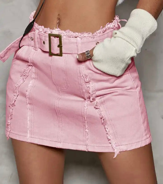 Women Fashion Fringe Belted Denim Skirt