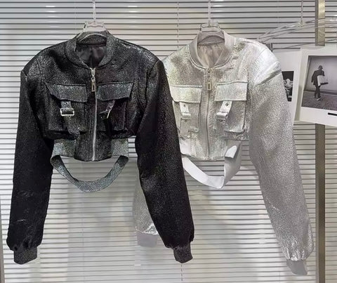 Women Color Fashion Buckled Zip Up Crop Jacket