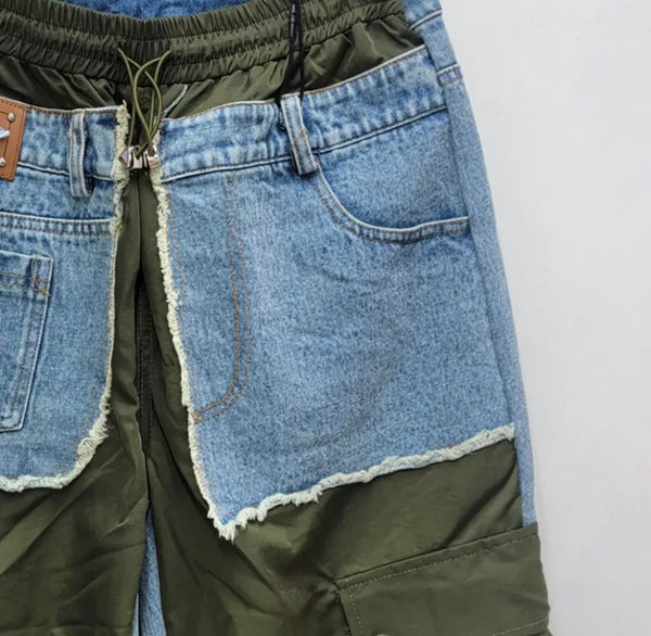 Women Fashion Denim Splicing Cargo Pants