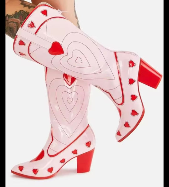 Women Fashion Color Patchwork Heart Knee High Western Boots