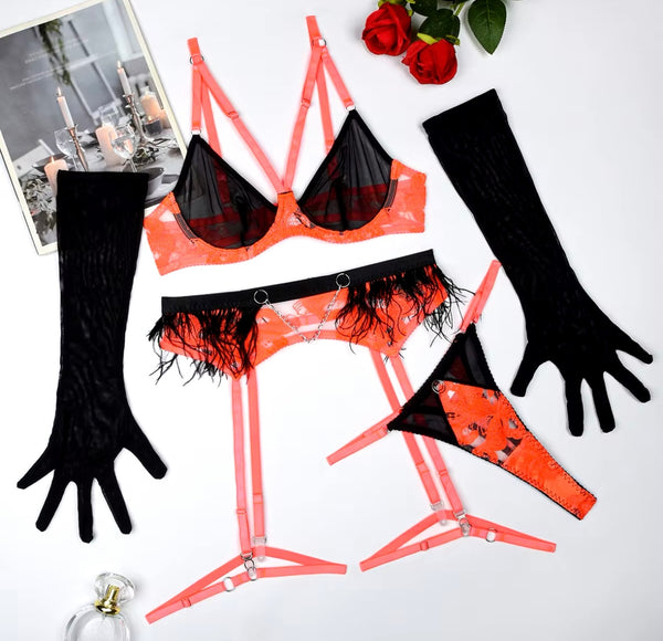 Women Sexy Color Patchwork Feather Mesh Glove Lingerie Set