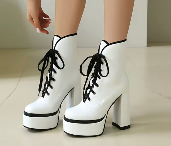 Women Fashion Color Patchwork Lace Up Platform High Heel Ankle Boots