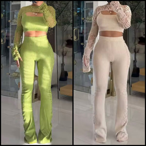 Women Color Knitted Fashion Three Piece Pant Set