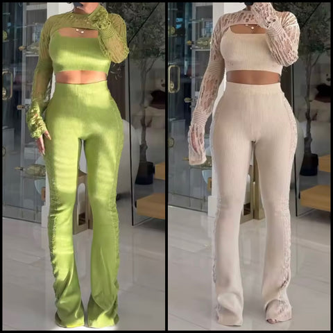 Women Color Knitted Fashion Three Piece Pant Set