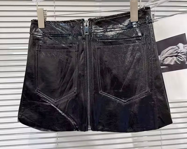 Women Sexy Fashion Front Zipper Faux Leather Skirt