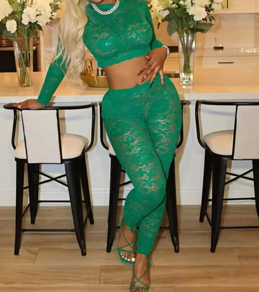 Women Sexy Green Lace Full Sleeve Two Piece Pant Set