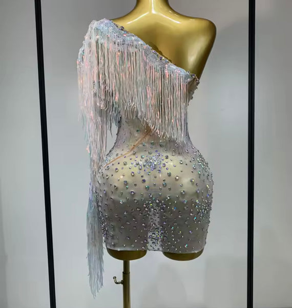 Women Sexy One Shoulder Silver Fringe Tassel Rhinestone Dress