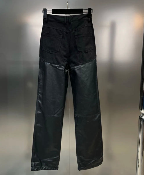Women Fashion Faux Leather Denim Patchwork Pants