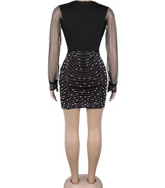 Women Sexy Ruched Beaded Bling Mesh Full Sleeve Dress