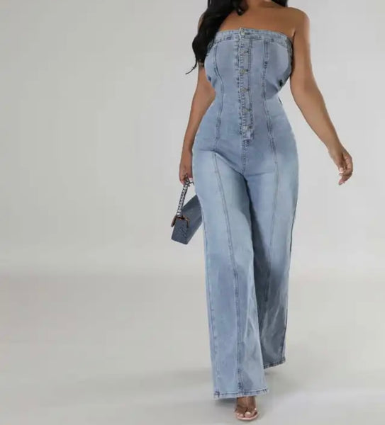Women Sexy Fashion Button Up Strapless Denim Jumpsuit