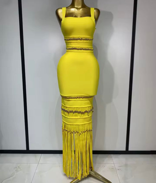 Women Yellow Sleeveless Fringe Tassel Beaded Maxi Dress