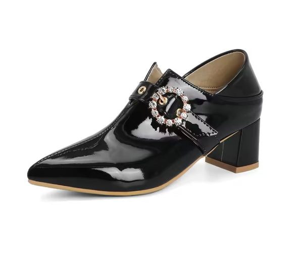 Women Color Fashion Pointed Toe Patent Leather Bling Buckled Shoes