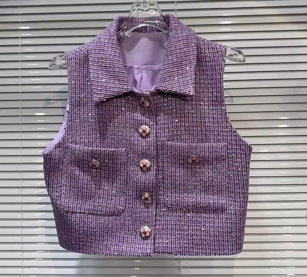 Women Sleeveless Button Up Tweed Two Piece Short Set