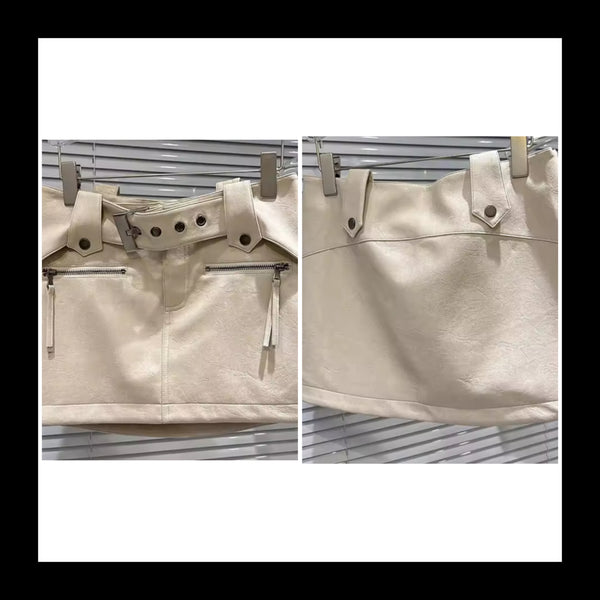 Women Fashion Beige Buckle Zipper Faux Leather Skirt