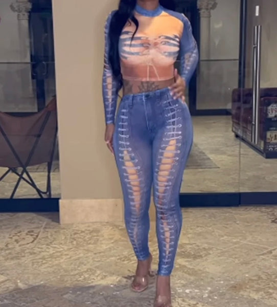 Women Sexy Denim Illusion Mesh Full Sleeve Two Piece Pant Set