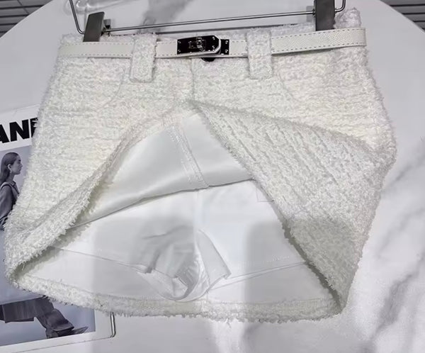 Women Sexy Fashion Belted Tweed Short Skirt