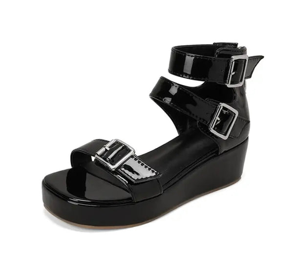 Women Patent Leather Platform Ankle Strap Sandals