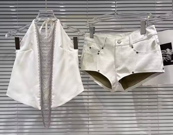 Women Halter Sleeveless Chain Crop Two Piece Short Set