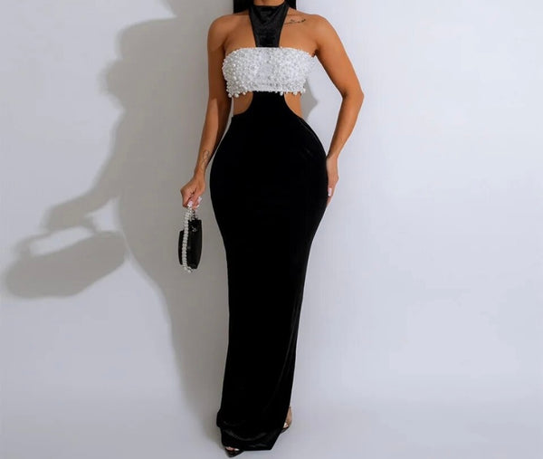 Women Sexy B&W Halter Sleeveless Pearl Velour Maxi Dress