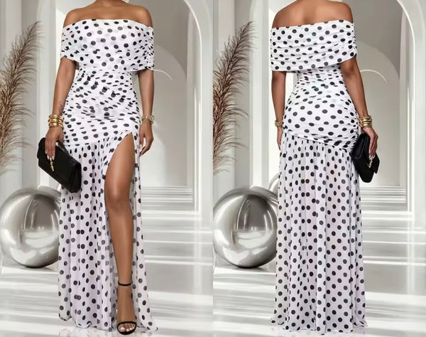 Women Polka Dot Off The Shoulder Front Split Maxi Dress