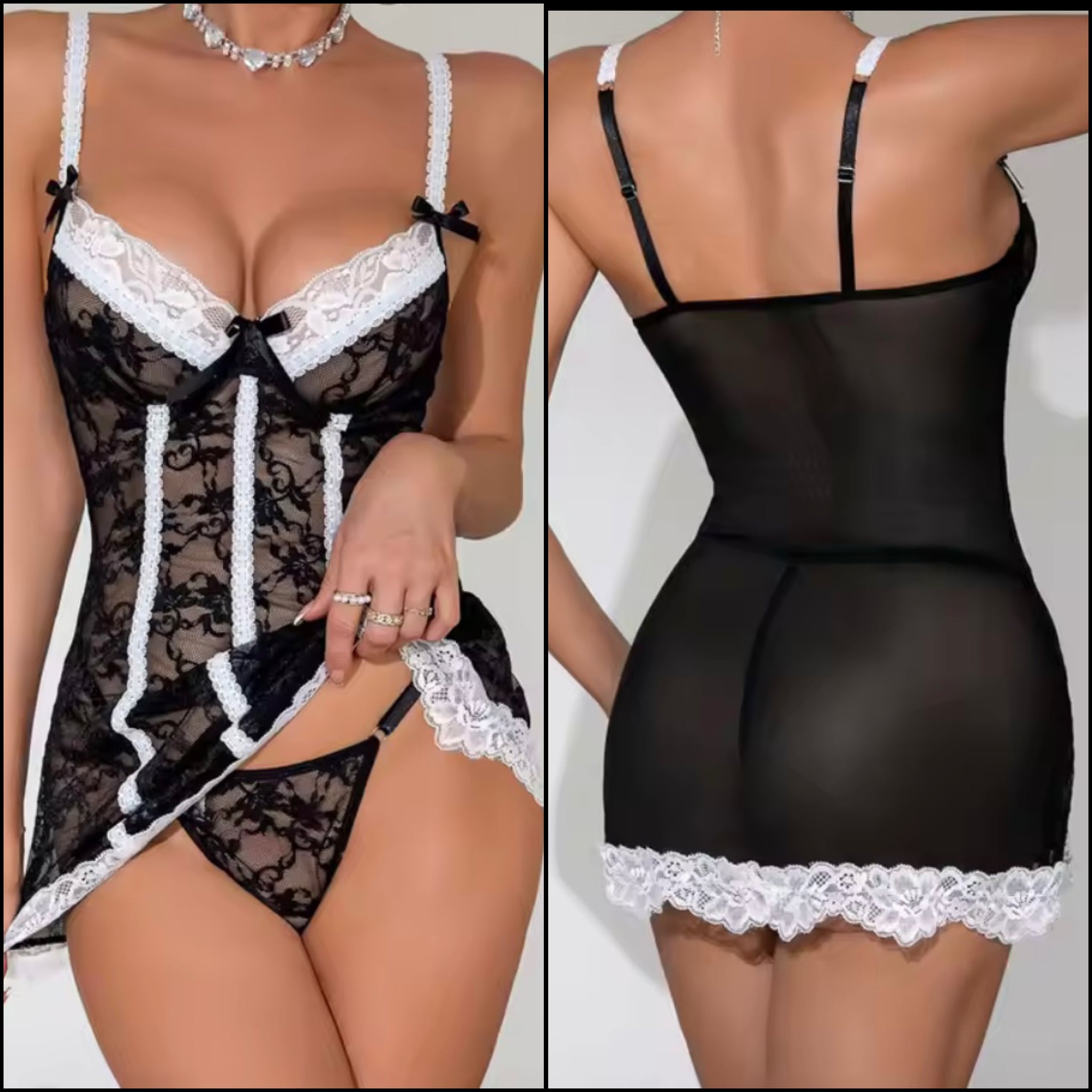 Women Sexy Sleeveless B&W Lace Mesh Nightgown Lingerie Set