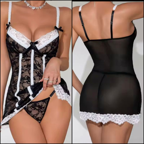 Women Sexy Sleeveless B&W Lace Mesh Nightgown Lingerie Set