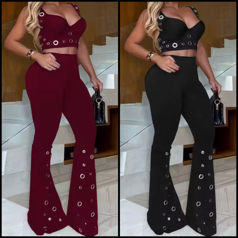 Women Fashion Sleeveless Color Rivet Two Piece Pant Set