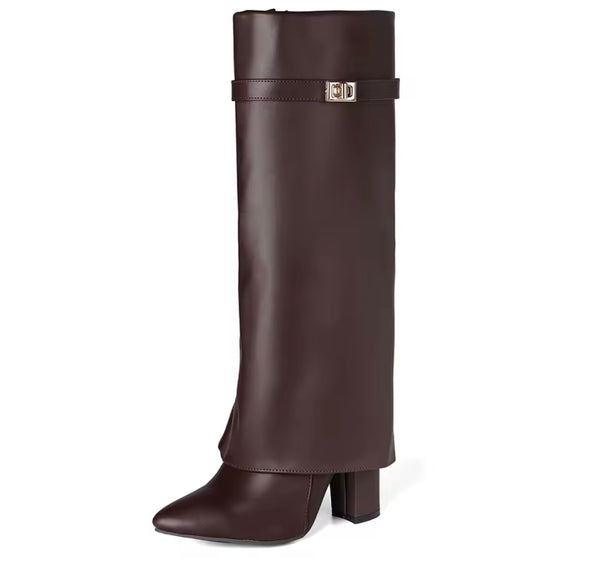 Women Pointed Toe Buckled Fashion Faux Leather Knee High Boots
