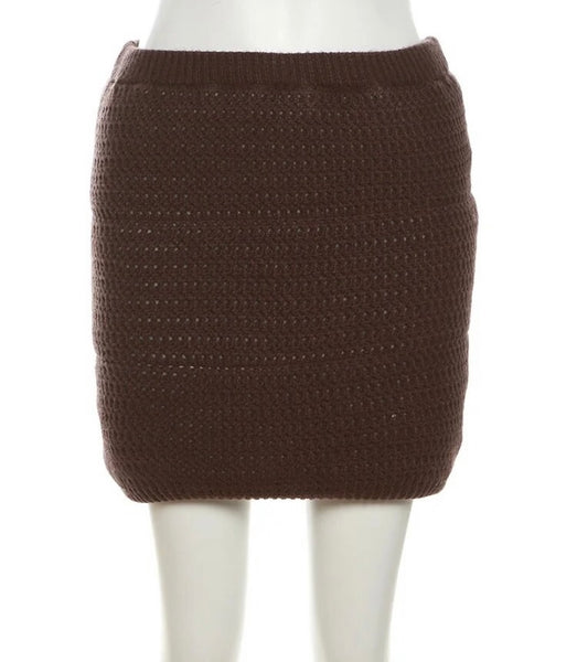 Women Brown Zip Up Puff Jacket Fashion Two Piece Skirt Set