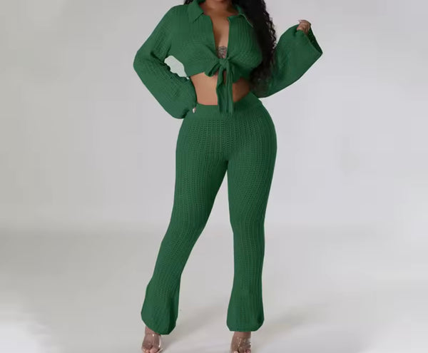 Women Knitted Tie Up Full Sleeve Crop Two Piece Fashion Pant Set