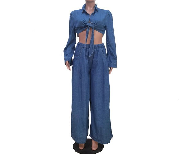 Women Sexy Fashion Denim Two Piece Full Sleeve Wide Leg Pant Set