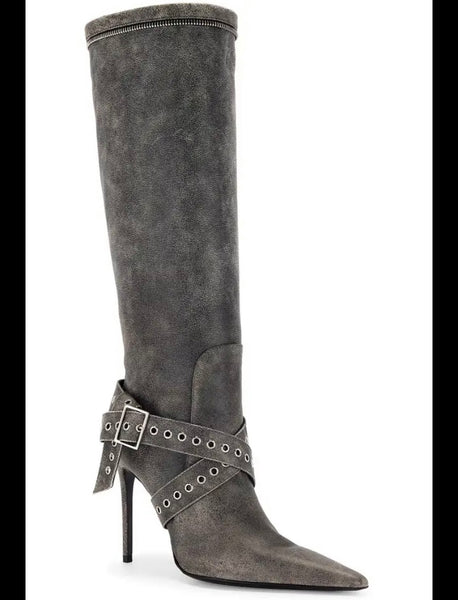 Women Fashion Denim Detachable Buckled Knee High Boots