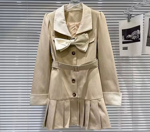 Women Khaki Bow Button Up Full Sleeve Blazer Dress